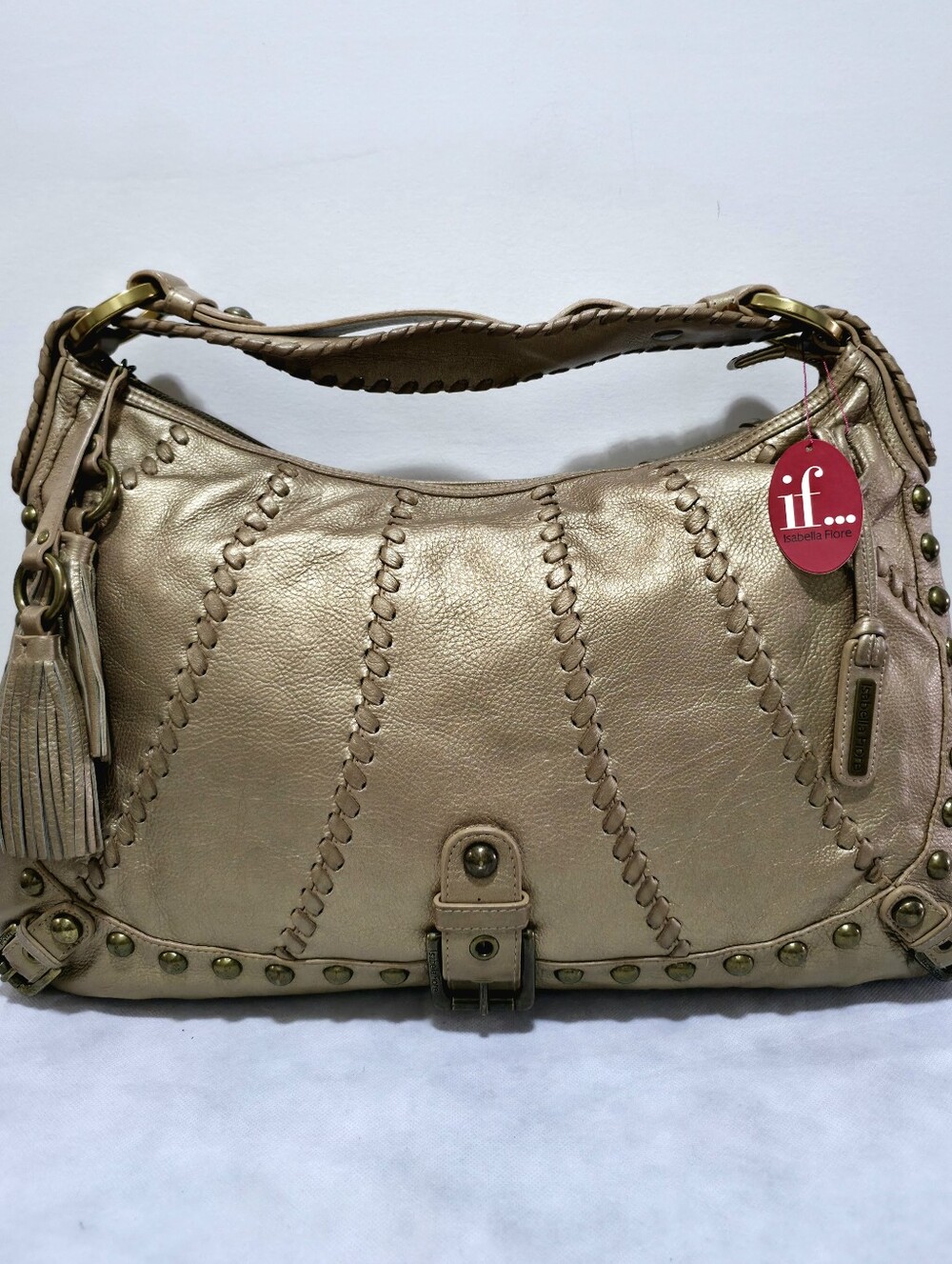 Isabella Fiore Whipflash Audra Bronze Metallic Leather Studded Hobo Bag Tassel